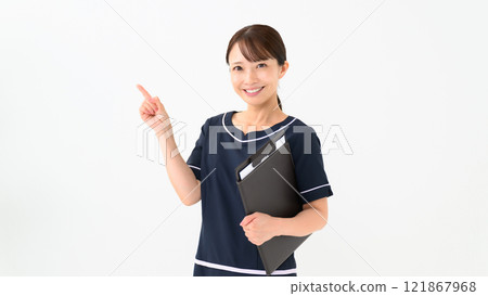 Esthetician, uniform, pointing Esthetician, uniform, pointing 121867968