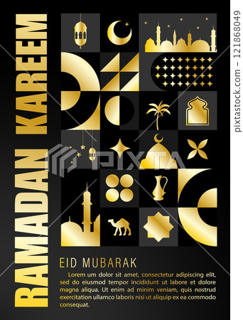 Ramdan Mubarak postcard. Minimal vintage 20s geometric design poster with golden traditional elements. Neo geometrical pattern. Vector illustration in bauhaus minimalist style. Ramadan month Ramdan Mubarak postcard. Minimal vintage 20s geometric design poster with golden traditional elements. Neo geometrical pattern. Vector illustration in bauhaus minimalist style. Ramadan month 121868049