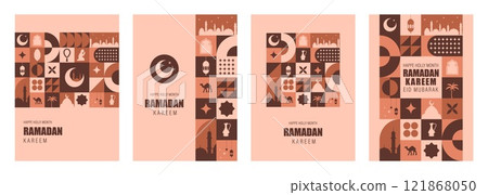 Ramadan Mubarak postcard. Set of Minimal vintage 20s geometric design poster with traditional shapes elements. Neo geometrical pattern. Vector illustration in bauhaus minimalist style. Ramadan month Ramadan Mubarak postcard. Set of Minimal vintage 20s geometric design poster with traditional shapes elements. Neo geometrical pattern. Vector illustration in bauhaus minimalist style. Ramadan month 121868050