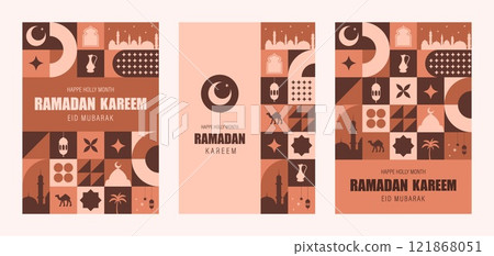 Ramadan Kareem greeting card. Bauhaus background with mosque, moon, stars, arches window. Set of Trendy minimalist postcards. Vector illustration in neo geometric style. Traditional Islamic holiday 121868051