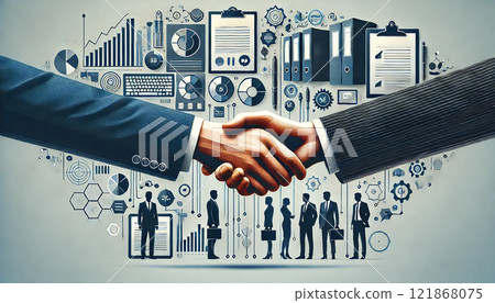 An illustration of cooperation and growth with handshake and icon design symbolizing business success 121868075