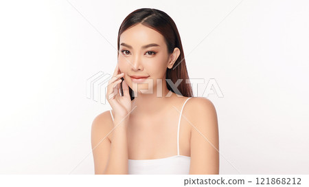 Beautiful young asian woman with clean fresh skin on white background, Face care, Facial treatment, Cosmetology, beauty and spa, Asian women portrait. 121868212