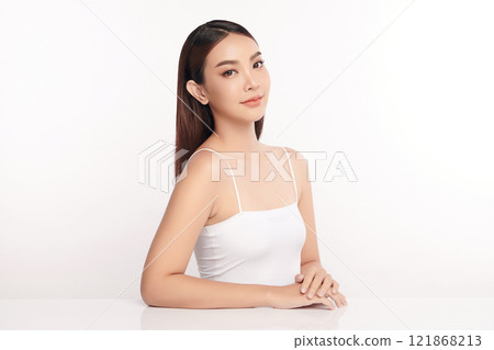 Beautiful young asian woman with clean fresh skin on white background, Face care, Facial treatment, Cosmetology, beauty and spa, Asian women portrait. Beautiful young asian woman with clean fresh skin on white background, Face care, Facial treatment, Cosmetology, beauty and spa, Asian women portrait. 121868213