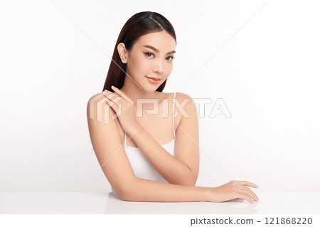 Beautiful young asian woman with clean fresh skin on white background, Face care, Facial treatment, Cosmetology, beauty and spa, Asian women portrait. 121868220