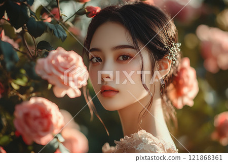 美麗的女人被玫瑰包圍 美麗的女人被玫瑰包圍 121868361