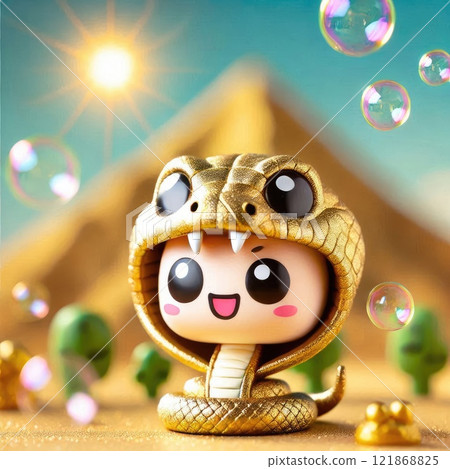 Adorable Figurine in Golden Snake Costume Surrounded with Generative AI. 121868825
