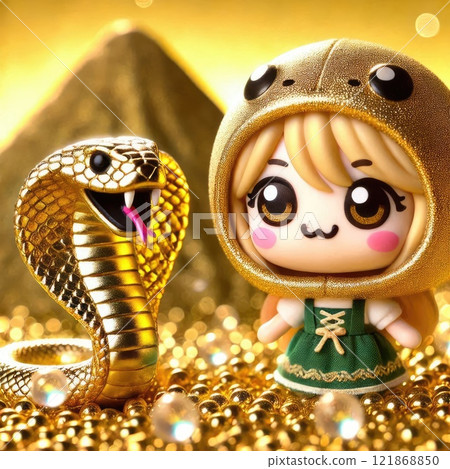 Adorable Figurine in Golden Snake Costume Surrounded with Generative AI. 121868850