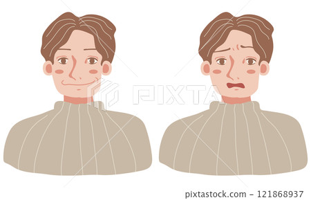 Young man upper body icon set (smile and troubled face) Young man upper body icon set (smile and troubled face) 121868937