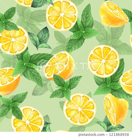 Lemon mint watercolor seamless pattern. Hand drawn fruit background 121868938