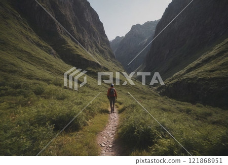 traveler walking mountain landscape traveler walking mountain landscape 121868951