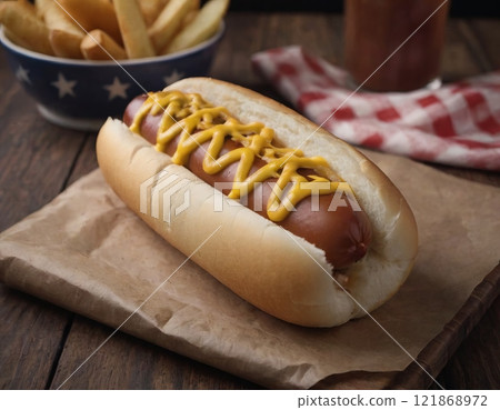 fresh hot dog on the table 121868972