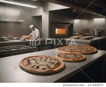 pizza preparation in restaurant kitchen pizza preparation in restaurant kitchen 121868973