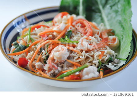 shrimp noodles or noodles without soup, spicy noodles or noodles salad shrimp noodles or noodles without soup, spicy noodles or noodles salad 121869161