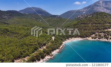 Turquoise Bay with Forested Hills and Rocky Shore Turquoise Bay with Forested Hills and Rocky Shore 121869177