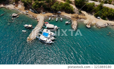 Aerial View of Docked Boats in Turquoise Bay 121869180