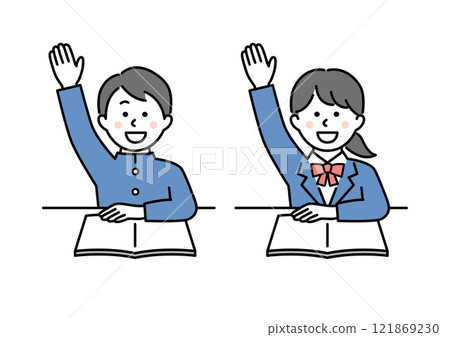 Male and female students raising their hands 121869230