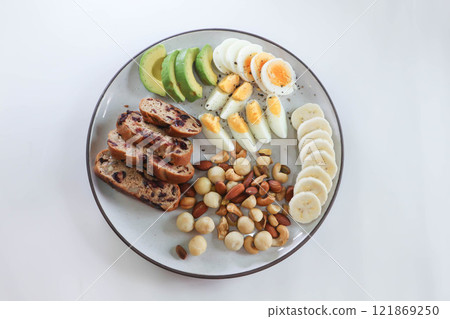 walnut cranberry sourdough bread or cranberry sourdough with boiled egg , avocado , banana and nuts 121869250