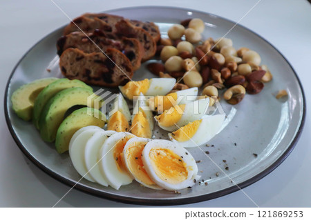 walnut cranberry sourdough bread or cranberry sourdough with boiled egg , avocado and nuts 121869253