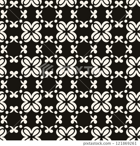 Simple minimalist geometric seamless pattern. Abstract monochrome minimal background with small floral shapes. Subtle repeat design for decor, print. 121869261