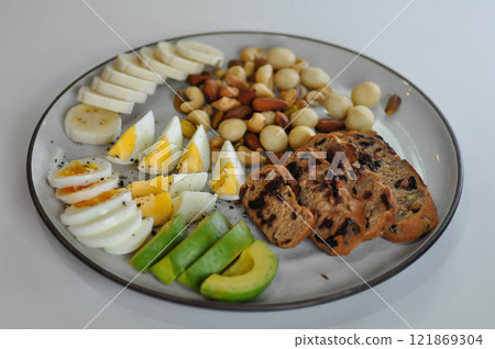 walnut cranberry sourdough bread or cranberry sourdough with boiled egg , avocado , banana and nuts 121869304