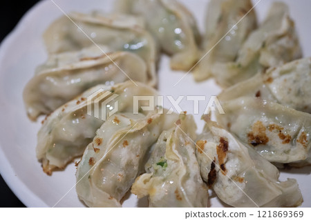 Fried dumplings arranged on a plate (stock photo) Fried dumplings arranged on a plate (stock photo) 121869369