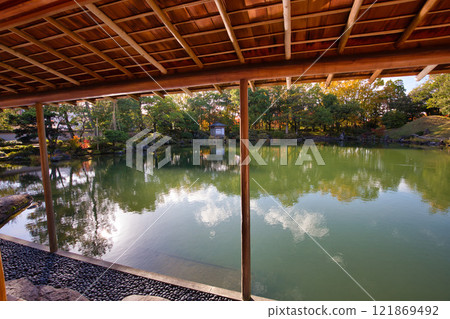 Snow hangings and autumn leaves in Yokokan Garden Snow hangings and autumn leaves in Yokokan Garden 121869492