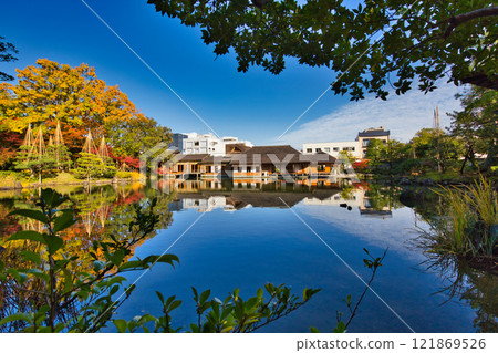 Snow hangings and autumn leaves in Yokokan Garden Snow hangings and autumn leaves in Yokokan Garden 121869526