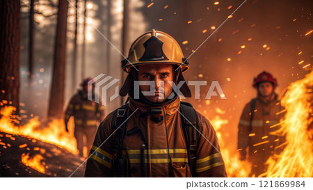 Close-up of a wildfirefighter staring fiercely at the camera. Created with Generative AI. 121869984