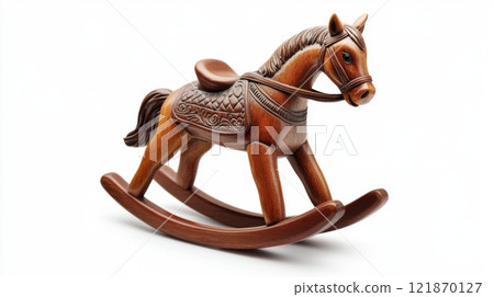 A beautifully crafted wooden rocking horse designed for children. Ideal for playrooms or nurseries. This classic toy encourages imaginative play and creativity. Generative AI 121870127