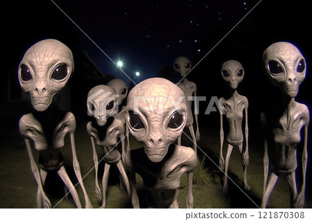 Cosmic mystery: a portrait depicting UFO phenomena, alien intrigue, focusing on the allure of outer space, extraterrestrial life, fascination surrounding interstellar encounters 121870308