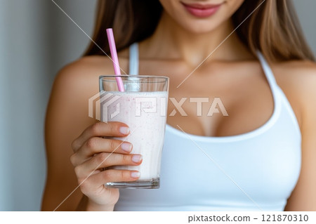 Nutritional boost: protein shake, energizing blend, muscle recovery, healthy formula, post workout refreshment, vitality infusion, fitness nutrition, balanced drink, strength support, amino acids. 121870310