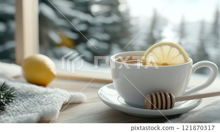 Winter delight: aesthetics of steaming cup of hot drink against stunning winter backdrop, showcasing serene and comforting atmosphere of enjoying warming beverage on picturesque day. 121870317