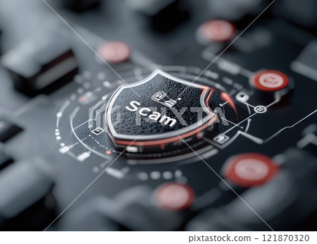 Security warning: text Scam highlighting dangers of fraud, online deception, phishing, cyber threats, emphasizing importance of digital protection against internet crimes, hacking, technology risks. 121870320
