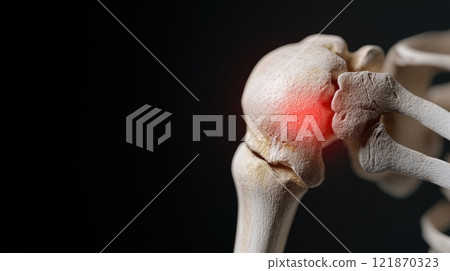 Joint distress: visual representation of shoulder pain, red glowing area to indicate location of discomfort, emphasizing the impact of injuries or conditions on physical well-being and functionality. 121870323