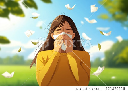 Seasonal allergy illustration: blooming plant, pollen spread, irritated eye, nasal discomfort, immune reaction, springtime issue, airborne allergen, sensitive response, sneezing symptom. Seasonal allergy illustration: blooming plant, pollen spread, irritated eye, nasal discomfort, immune reaction, springtime issue, airborne allergen, sensitive response, sneezing symptom. 121870326