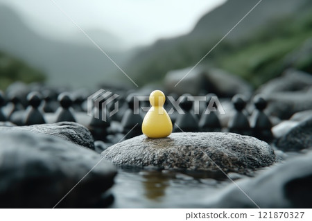 Solitary stance: individuality presence, visualization of uniqueness, one against the crowd, self-expression, personal belief, distinctive identity, singularity, personal courage, social contrast, . 121870327