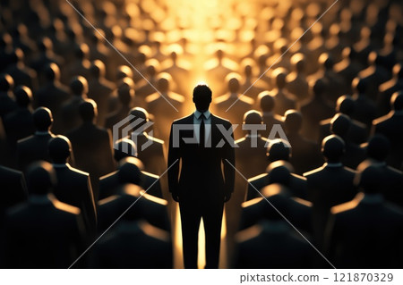 Solitary stance: individuality presence, visualization of uniqueness, one against the crowd, self-expression, personal belief, distinctive identity, singularity, personal courage, social contrast, . 121870329