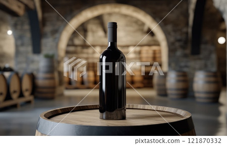 Sophisticated setting: empty label wine bottle against barrels in grand room with arched ceilings, minimalist design that highlights beauty of simplicity and allure of fine beverages. 121870332