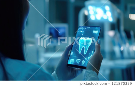 Dental innovation: dentist utilizing digital tools for internet consultations, bookings, integrating technology in dental treatments with 3D modeling, x-ray imaging, enhancing patient experience care. 121870359