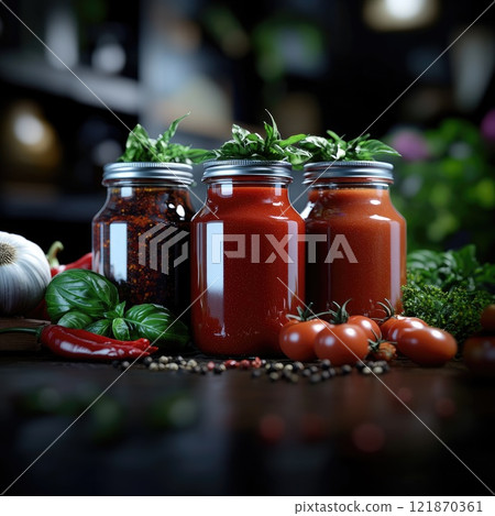 Flavor burst: tantalizing hot sauce elegantly presented in glass container, surrounded by fresh peppers, aromatic spices, highlighting perfect blend of heat, taste for culinary enthusiasts. 121870361