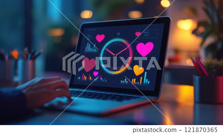 Data mastery: laptop centered workspace showcases efficient file management, task planning, time control, role of modern tools in data visualization and technology driven organization. 121870365