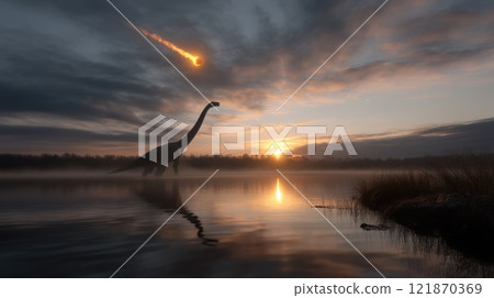Cosmic collision: the fall of an asteroid with its fragments, depicting the destruction and chaos unleashed upon dinosaurs, symbolizing the end of an era through powerful imagery of nature's force. 121870369