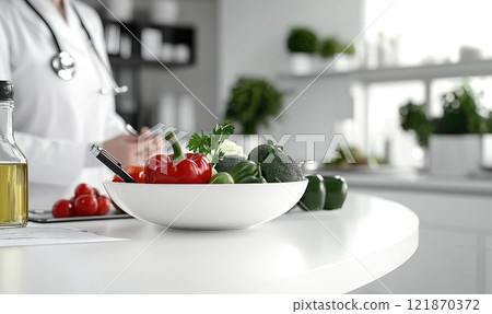 Doctor nutritionist: fresh vegetables, ripe fruits, balanced diet, proper nourishment, health strategy, wholesome food, dietary advice, nutritional focus, mindful eating, nutritious meals. 121870372