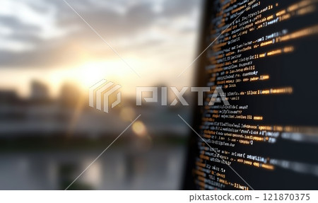 Code tapestry: innovative wallpaper featuring flowing computer code, reflecting beauty of software structure, merging art with technology, celebrating complexity, logic within digital landscapes. 121870375