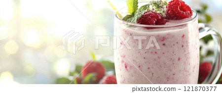 Refreshing delight: smoothie filled with natural goodness, blending fruits, wholesome ingredients, nutritious beverage ideal for breakfast or a revitalizing midday snack. 121870377