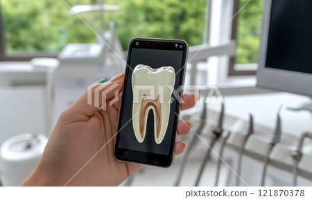 Dental innovation: dentist utilizing digital tools for internet consultations, bookings, integrating technology in dental treatments with 3D modeling, x-ray imaging, enhancing patient experience care. 121870378