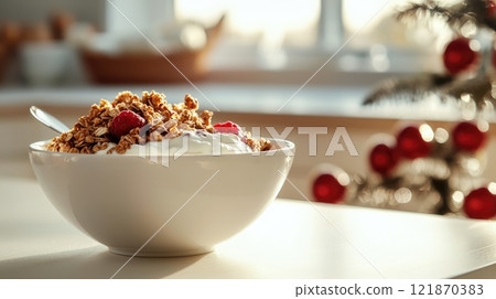 Nutritious delight: a bowl filled with granola, fresh fruit, and creamy Greek yogurt, offering a perfect blend of flavors, making it an excellent choice for a wholesome snack or a balanced breakfast. 121870383