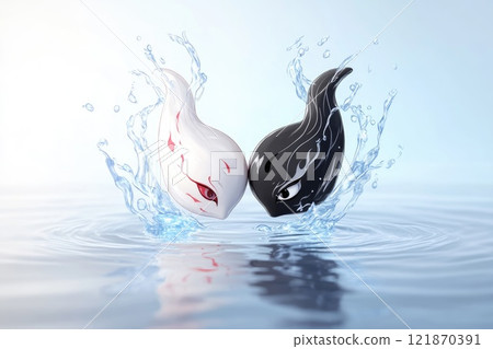 Creative banner: yin-yang symbol, harmonious contrast, balanced energy, spiritual duality, artistic design, minimalist expression, dynamic flow, philosophical theme, serene aesthetic. 121870391