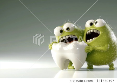 Cavity battle: monstrous forces attacking white tooth, illustrating destructive nature of caries, importance of maintaining healthy teeth through proper cleaning, dedicated care routines oral hygiene. 121870397