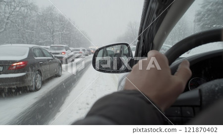 Unexpected winter snowfall: onset of winter as sudden snow blankets landscape, focusing on challenges, disruptions it brings to daily life, from transportation issues to adapting to cold. 121870402